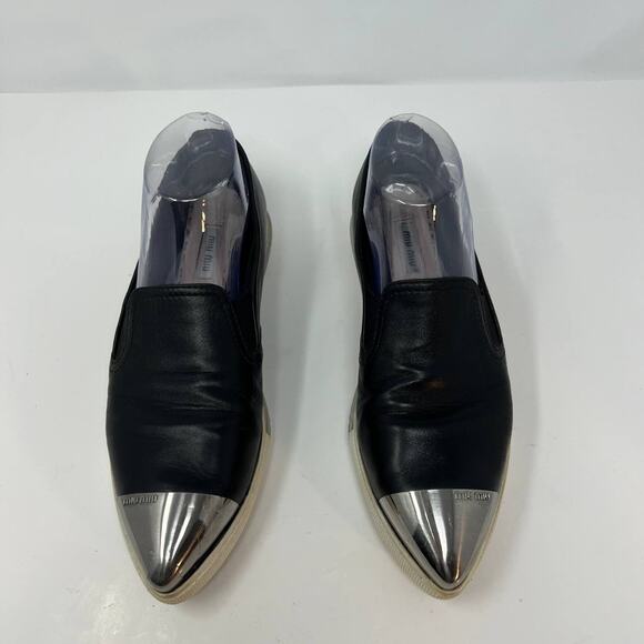 Miu Miu Loafers Women's 38.5 Black Leather Silver Toe Cap Slip On Luxury Shoes - Picture 6 of 16